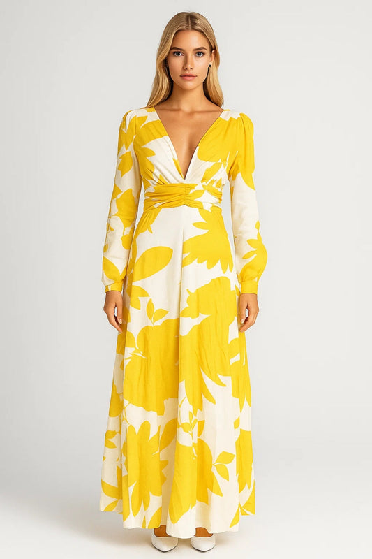 Robe Maxi Femme - Col V Manches Longues Ceinturée | Élégante