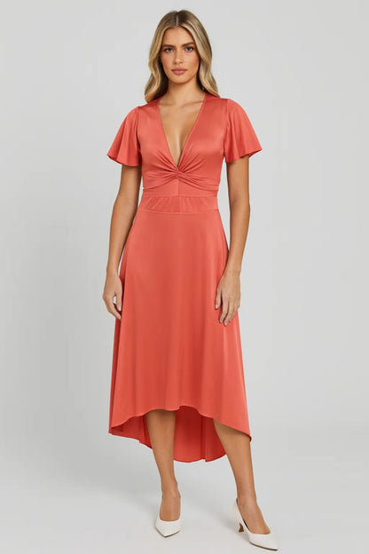 Robe Midi Femme - Col V Noeud Central Manches Papillon | Élégante