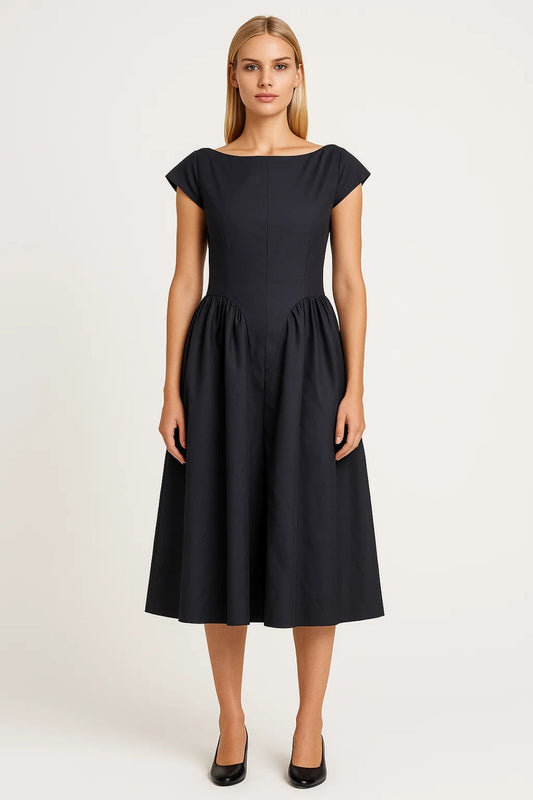 Robe Midi Femme - Encolure Bateau Manches Courtes Évasée | Élégante
