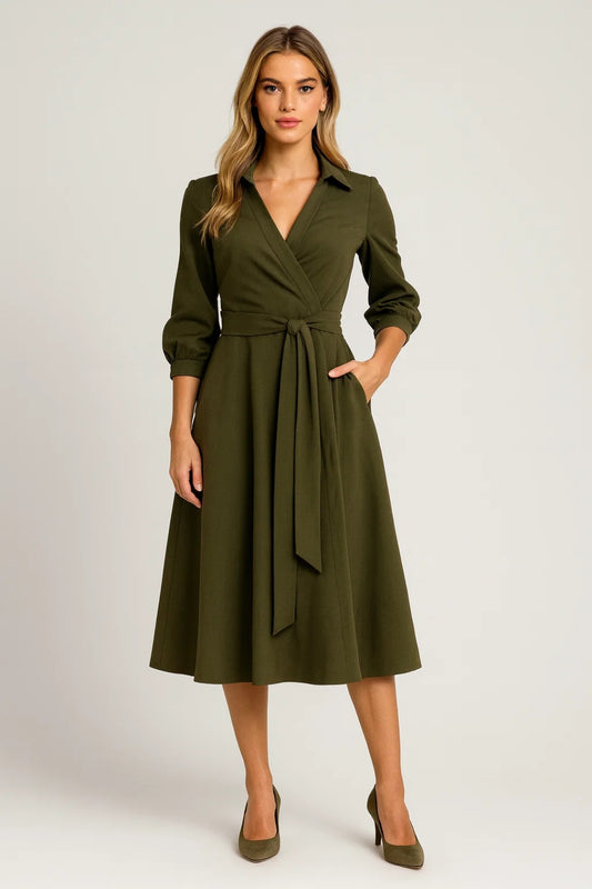 Robe Midi Femme - Cache-Cœur Col Chemise Ceinturée | Chic