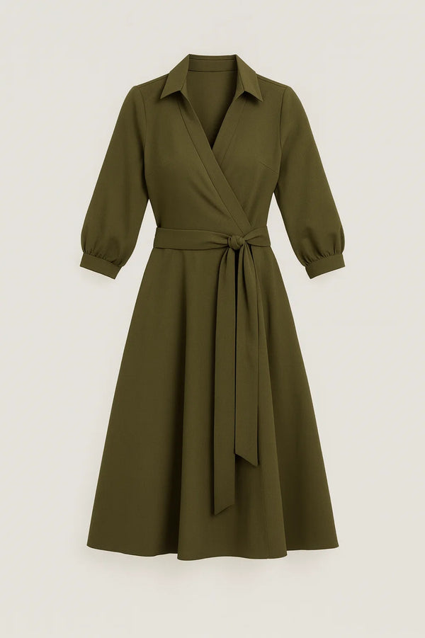 Robe Midi Femme - Cache-Cœur Col Chemise Ceinturée | Chic
