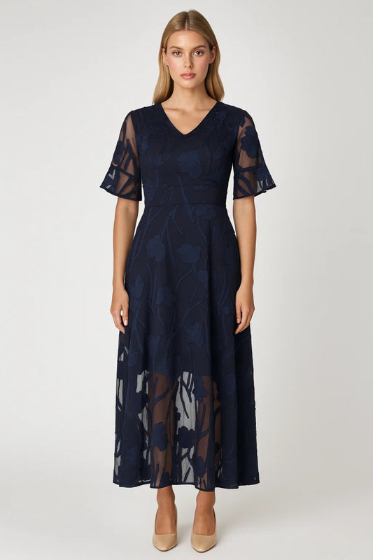 Robe Midi Femme - Col V Manches Courtes Transparente | Élégante