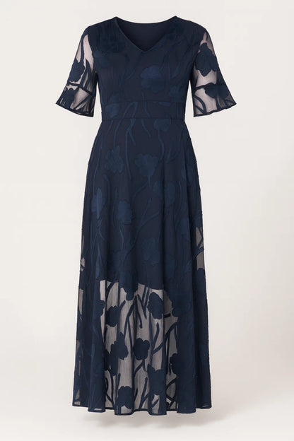 Robe Midi Femme - Col V Manches Courtes Transparente | Élégante