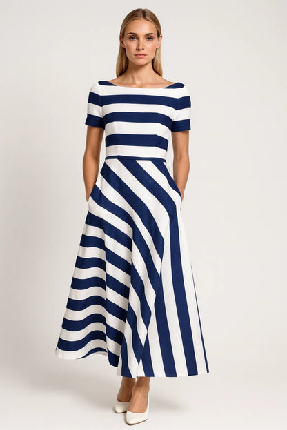 Robe Midi Femme - Rayures Manches Courtes Évasée | Élégante
