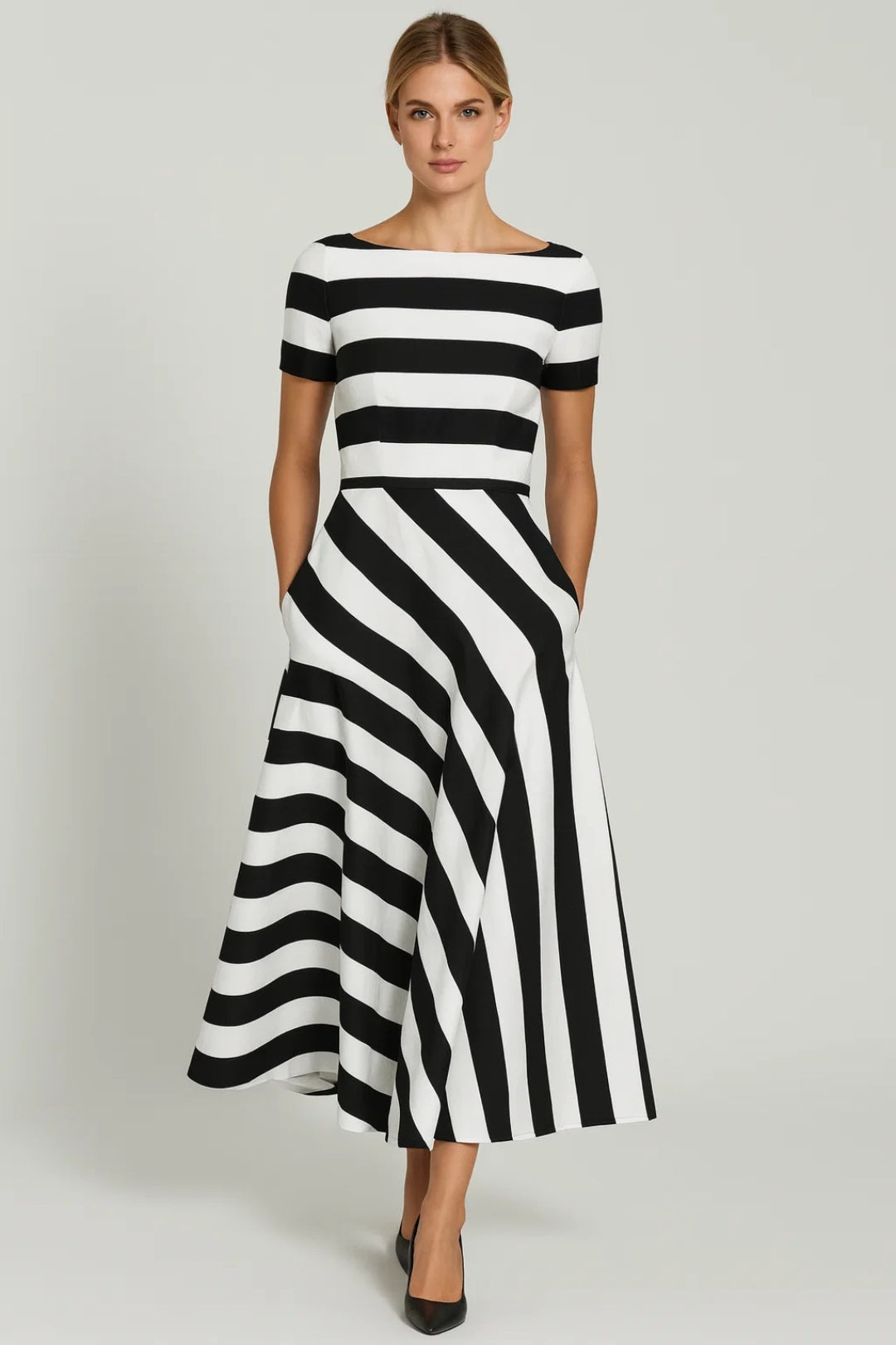 Robe Midi Femme - Rayures Manches Courtes Évasée | Élégante