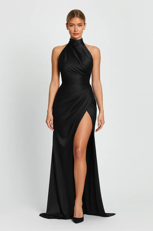 Robe Maxi Femme - Halter Col Montant Fendue Élégante | Chic