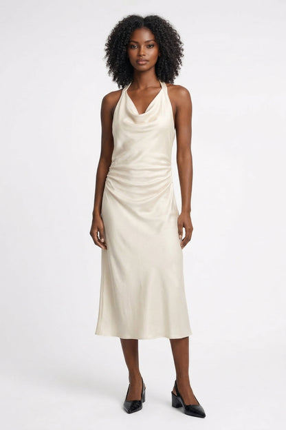 Robe Femme Midi - Brillante Halter Drapé Froncée Sans Manches
