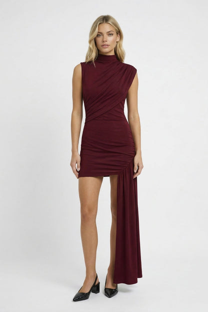 Robe Femme Mini - Col Montant Drapé Froncé Ourlet Asymétrique