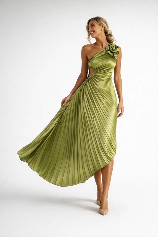 Robe Midi Femme - One Shoulder Plissée Fleur | Élégante