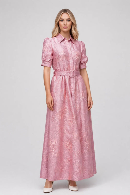 Robe Maxi Femme - Brillante Col Chemise Ceinture Élégante | Gala