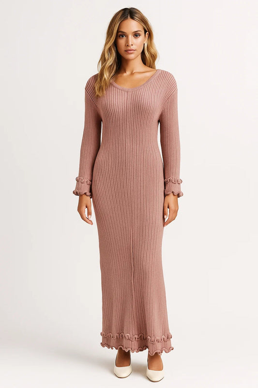 Robe Maxi Femme - Manches Longues Côtelée Col V | Élégante