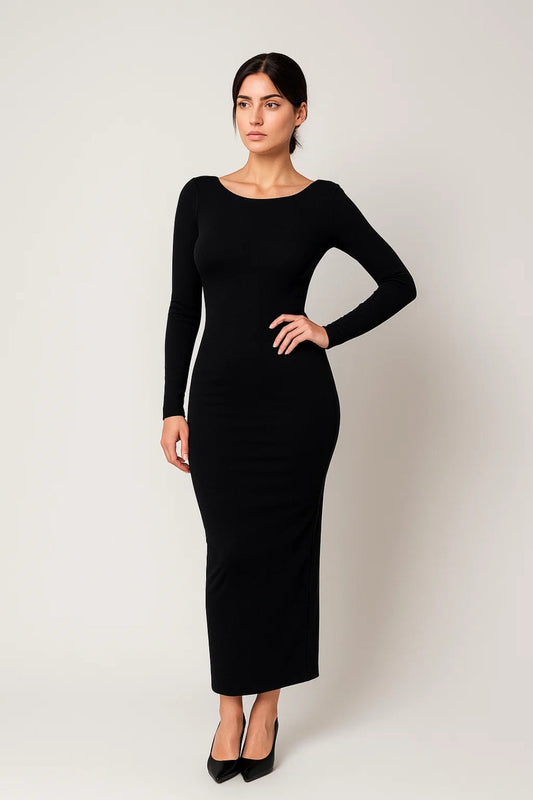 Robe Longue Ajustée à Manches Longues | Tissu Extensible | Élégance Moderne