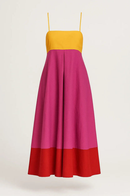 Robe Longue Color Block | Bretelles Fines | Coupe Ample