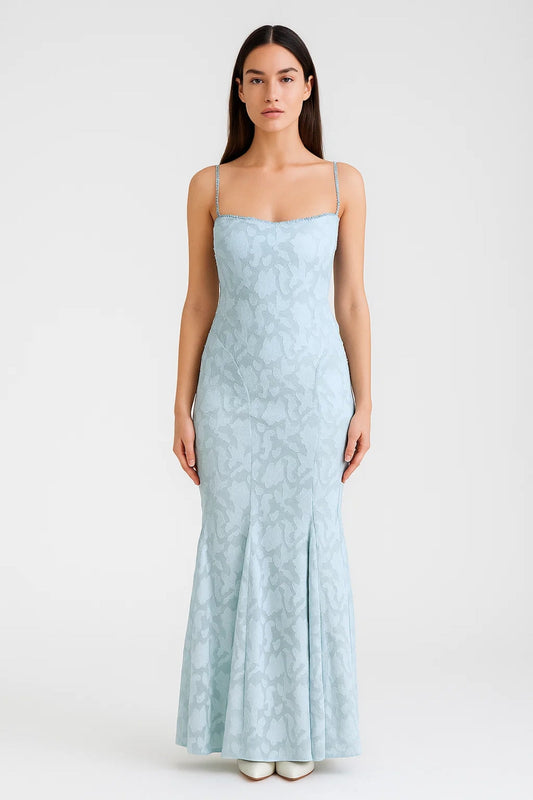 Robe Longue Dos Nu | Jacquard | Bleu Poudré Élégant