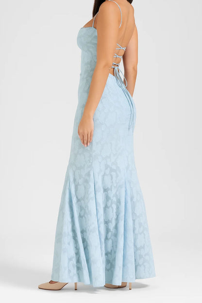 Robe Longue Dos Nu | Jacquard | Bleu Poudré Élégant