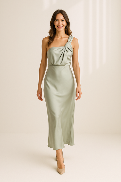 Robe Longue Femme | Épaule Asymétrique | Satin Fluide et Élégant