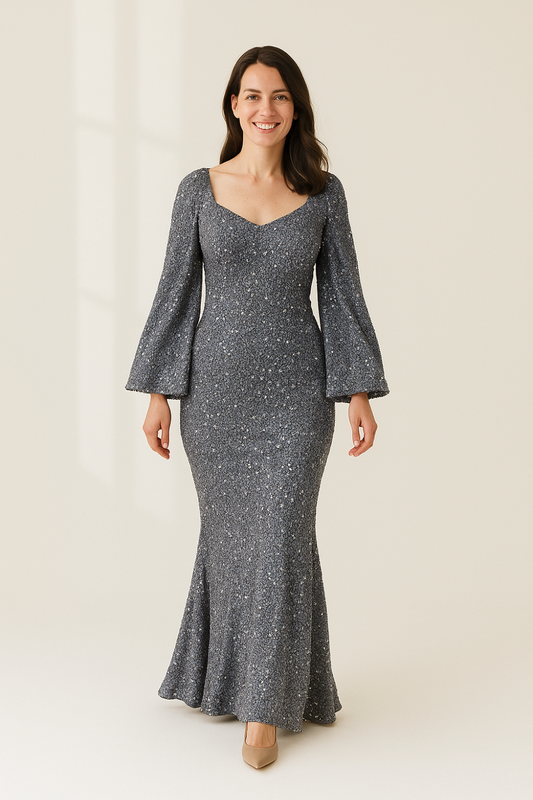 Robe Longue Femme | Manches Évasées | Pailletée et Élégante