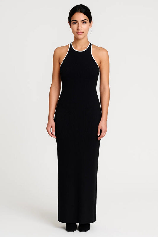 Robe Longue Près du Corps | Col Halter Contrasté | Tissu Côtelé