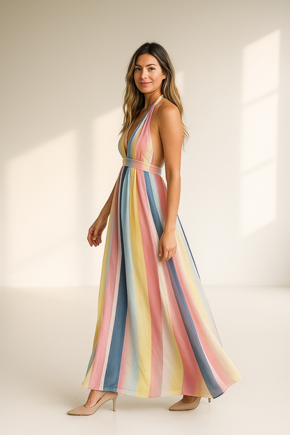 Robe Longue d'Été Femme | Tissu Chiffon Léger | Rayures Pastel Élégantes