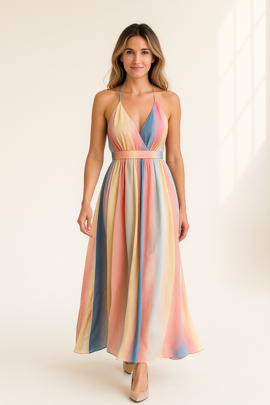 Robe Longue d'Été Femme | Tissu Chiffon Léger | Rayures Pastel Élégantes