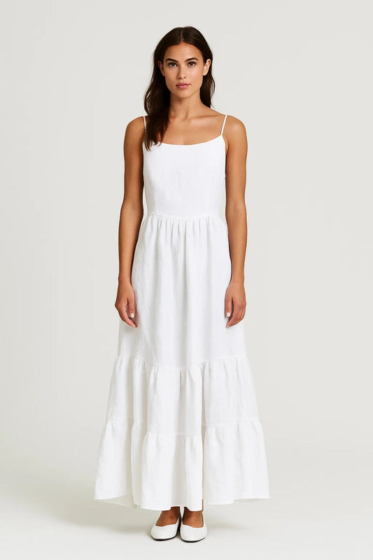Robe Longue en Lin à Bretelles Fines | Jupe Volantée | Style Estival Léger