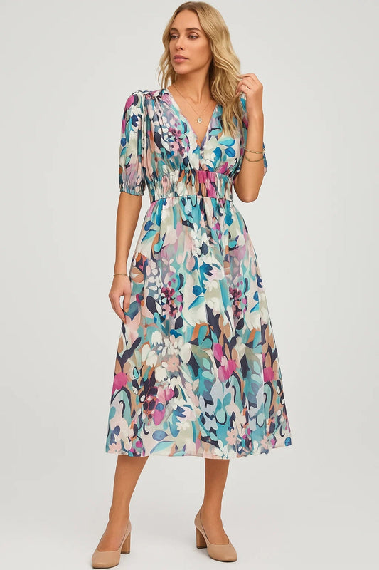 Robe Mi-Longue à Imprimé | Robe Féminine à Manches Bouffantes | Légère et Élégante