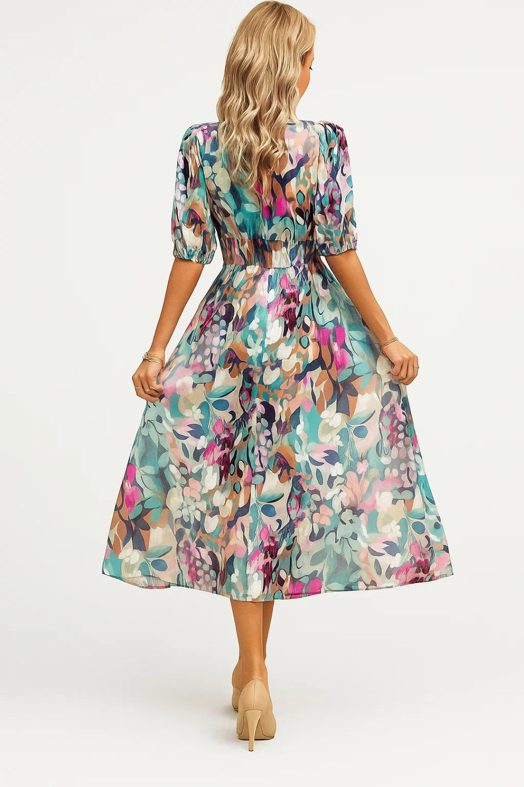 Robe Mi-Longue à Imprimé | Robe Féminine à Manches Bouffantes | Légère et Élégante