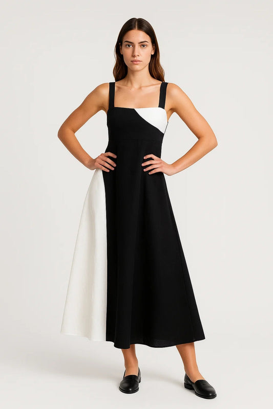 Robe Midi Bicolore | Bretelles Larges | Graphique et Élégante