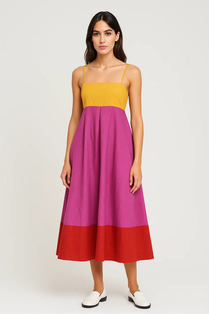 Robe Midi Colorblock | Robe Évasée à Bretelles | Légère et Moderne