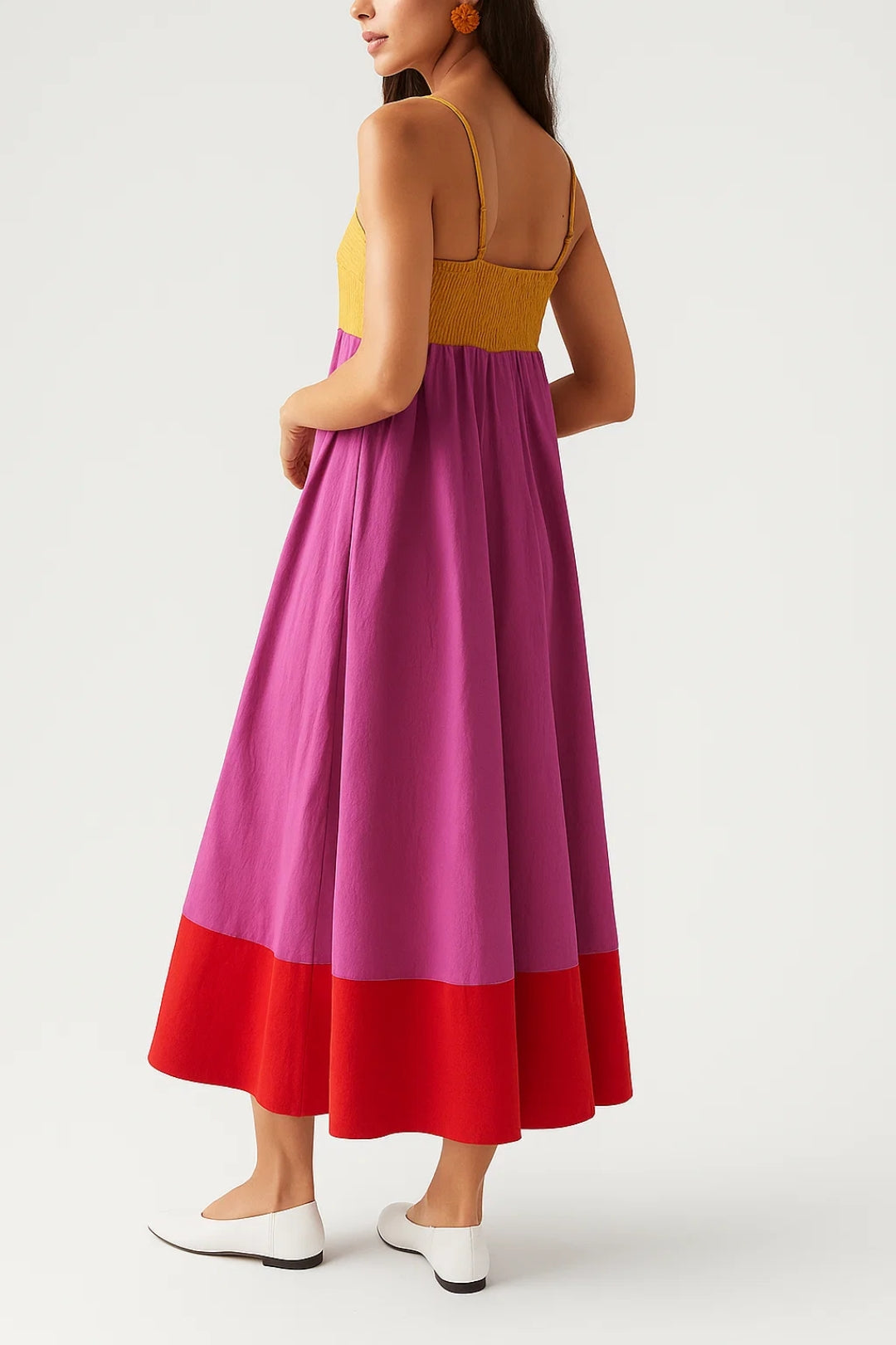 Robe Midi Colorblock | Robe Évasée à Bretelles | Légère et Moderne