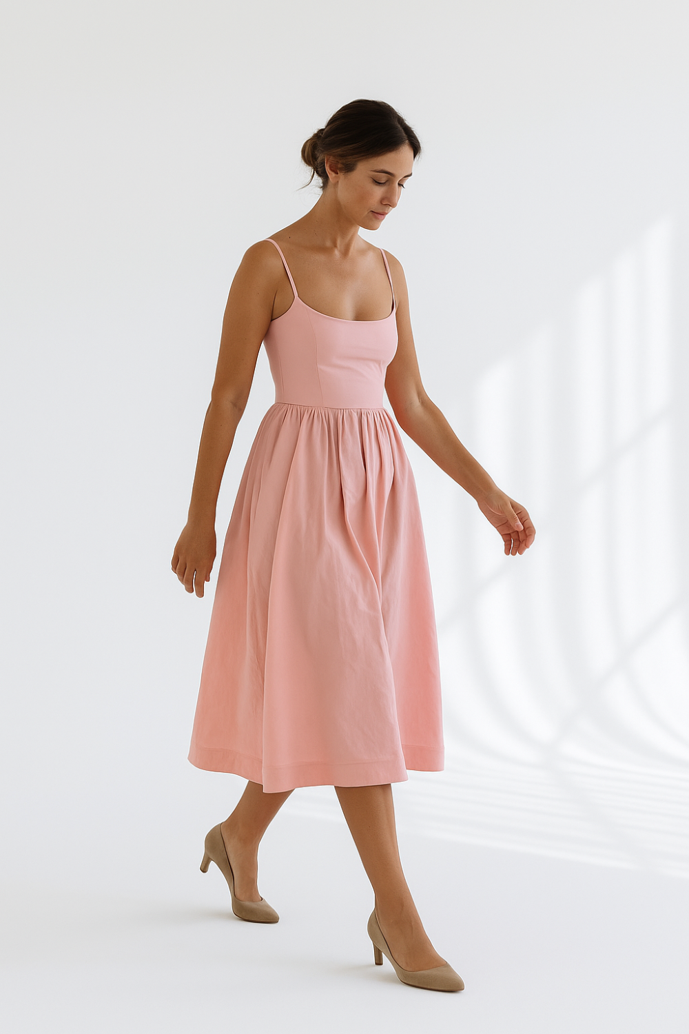 Robe Midi Femme | Bretelles Fines Élégantes | Jupe Évasée Volumineuse
