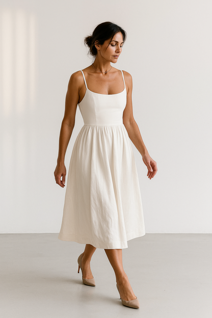Robe Midi Femme | Bretelles Fines Élégantes | Jupe Évasée Volumineuse