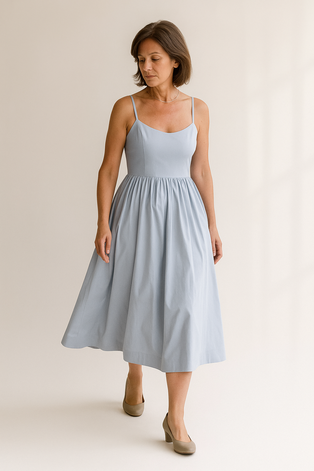 Robe Midi Femme | Bretelles Fines Élégantes | Jupe Évasée Volumineuse