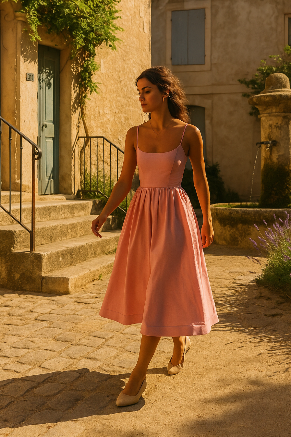 Robe Midi Femme | Bretelles Fines Élégantes | Jupe Évasée Volumineuse