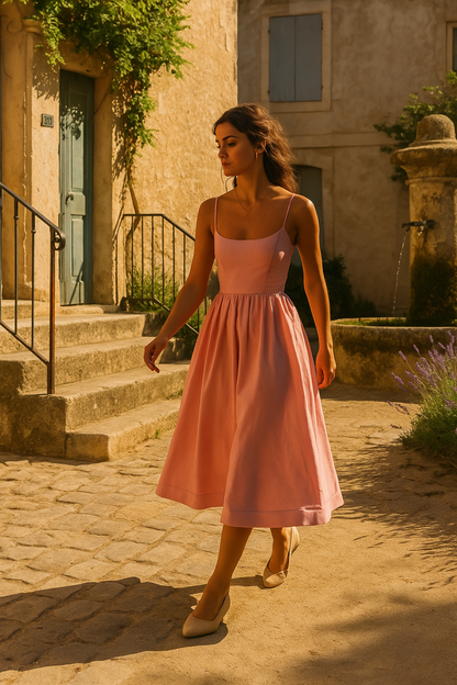 Robe Midi Femme | Bretelles Fines Élégantes | Jupe Évasée Volumineuse