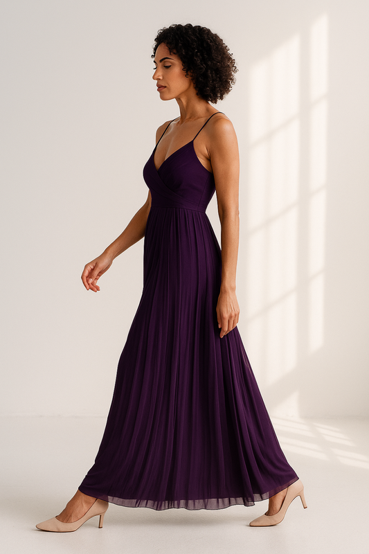 Robe Longue Femme | Tissu Plissé Élégant | Bretelles Fines