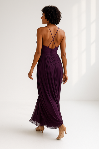 Robe Longue Femme | Tissu Plissé Élégant | Bretelles Fines