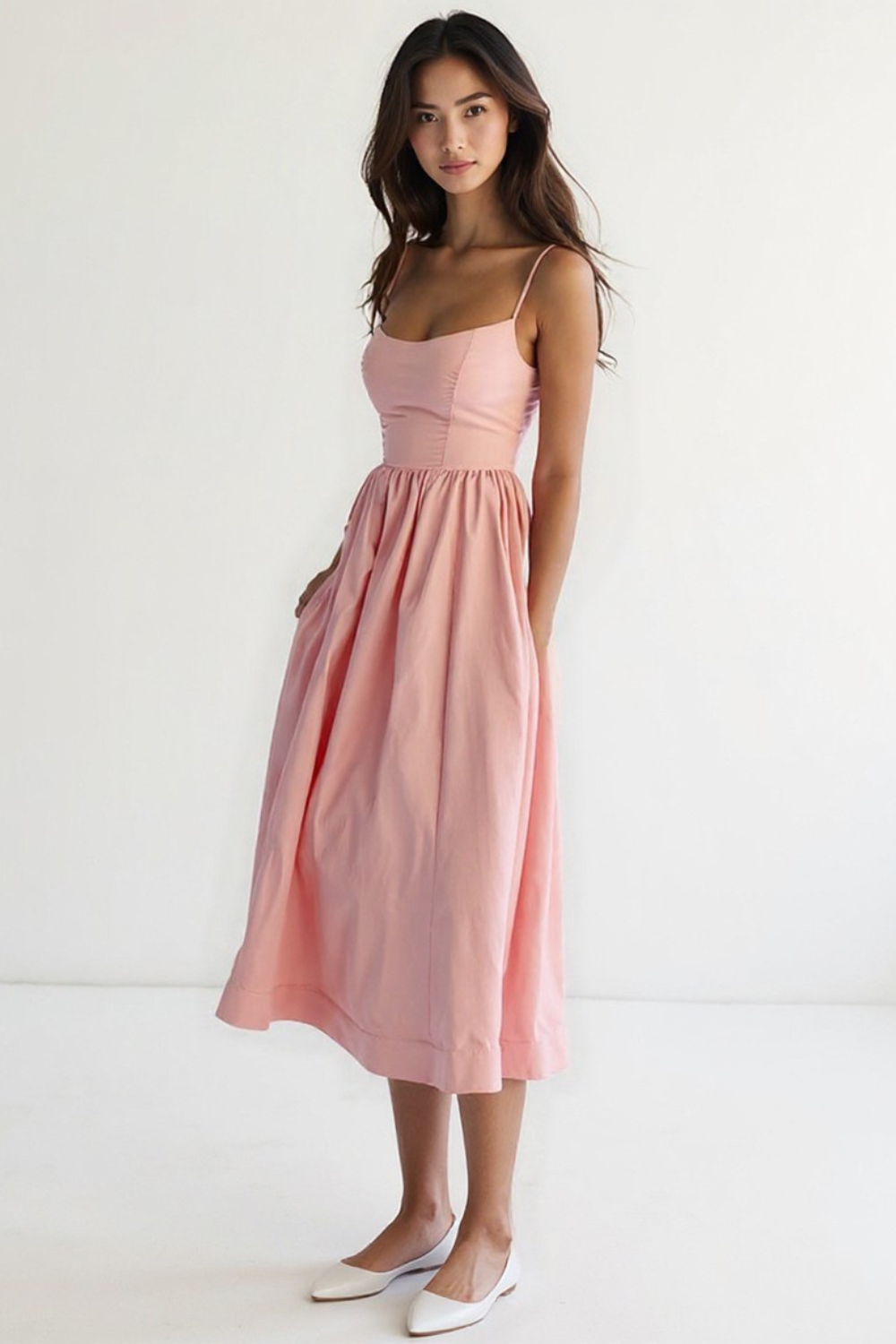 Robe Midi Femme | Bretelles Fines Élégantes | Jupe Évasée Volumineuse