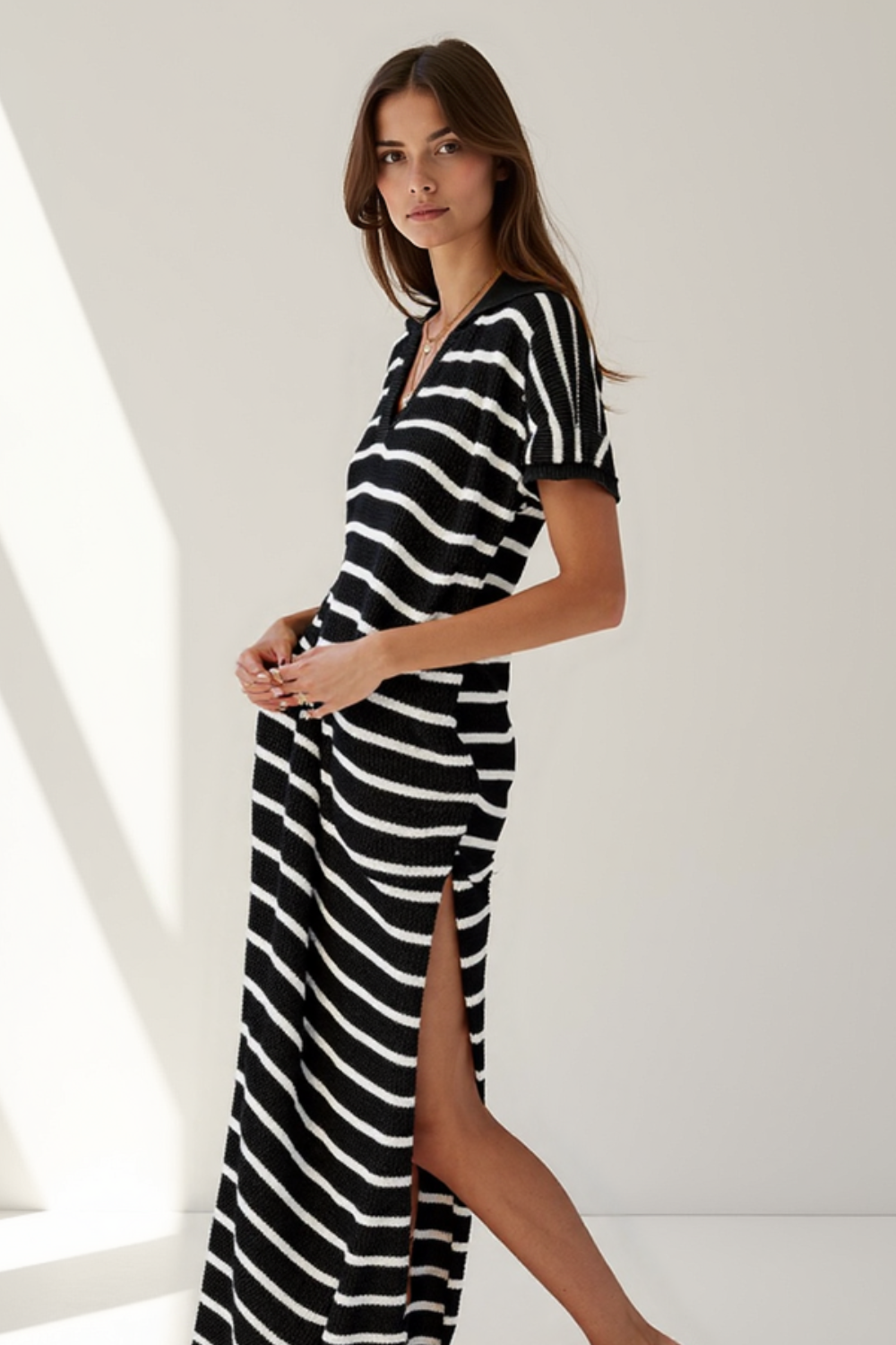 Robe Midi Femme | Maille Rayée Chic | Tissu Soie Rafraîchissante