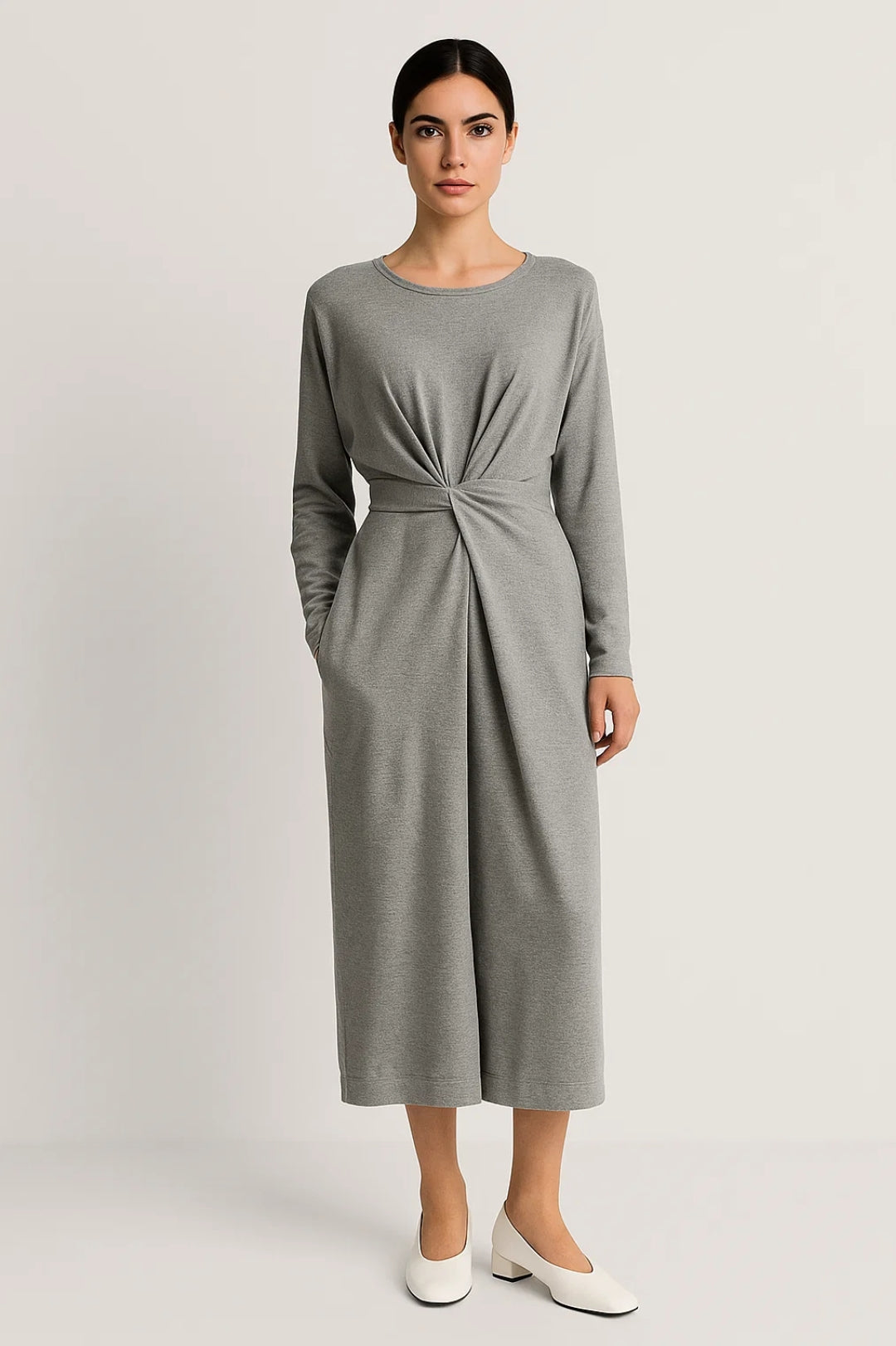 Robe Midi à Manches Longues | Robe Nouée à la Taille | Confortable et Élégante
