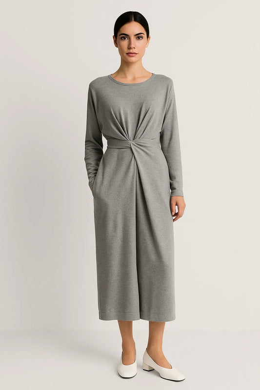 Robe Midi à Manches Longues | Robe Nouée à la Taille | Confortable et Élégante