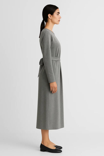 Robe Midi à Manches Longues | Robe Nouée à la Taille | Confortable et Élégante