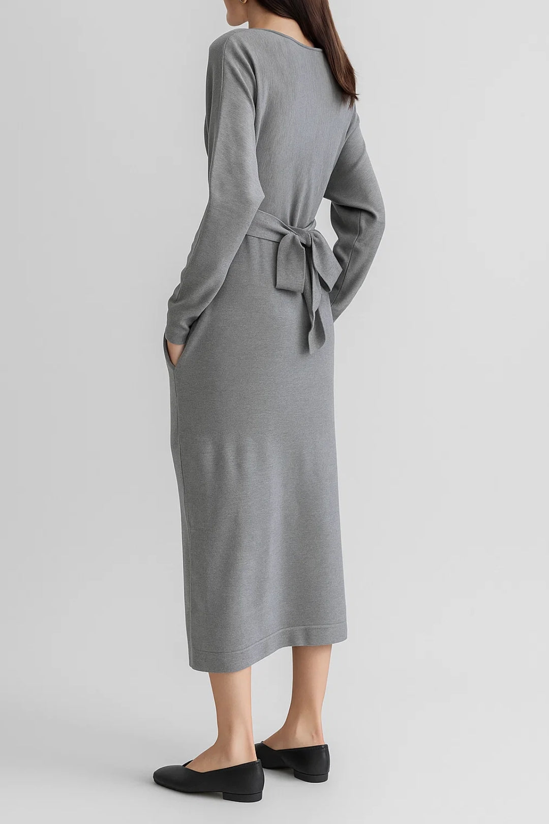 Robe Midi à Manches Longues | Robe Nouée à la Taille | Confortable et Élégante