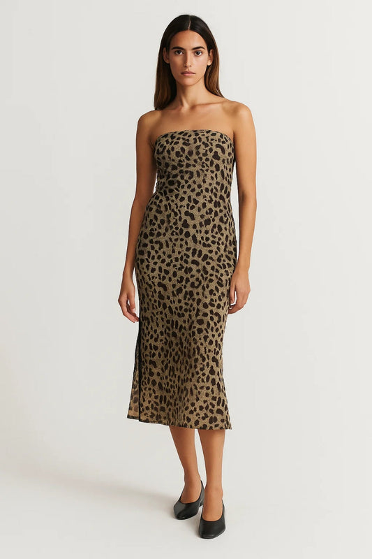 Robe Midi Sans Bretelles | Imprimé Léopard | Ajustée et Audacieuse