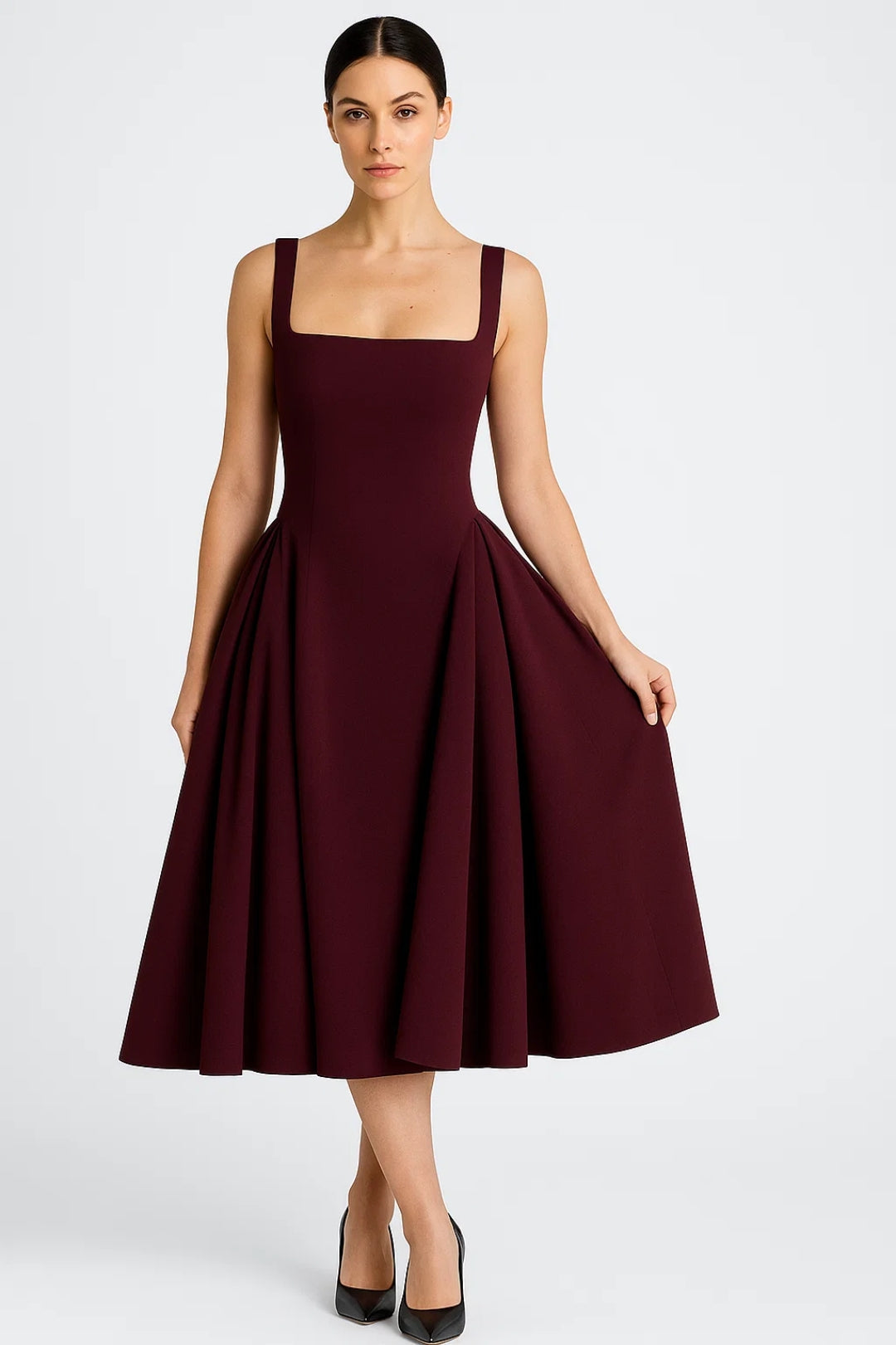 Robe Midi Structurée | Robe Évasée à Encolure Carrée | Légère et Respirante