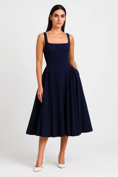 Robe Midi Structurée | Robe Évasée à Encolure Carrée | Légère et Respirante