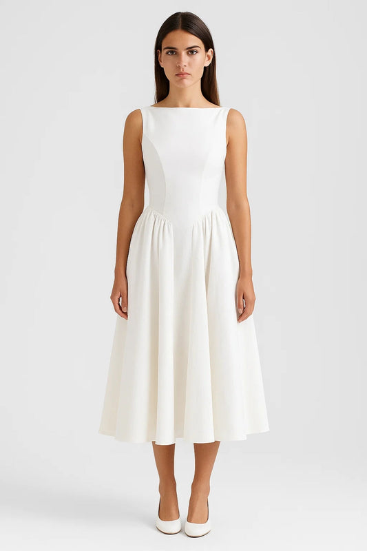 Robe Midi Évasée | Dos Nu Élégant | Blanc Ivoire