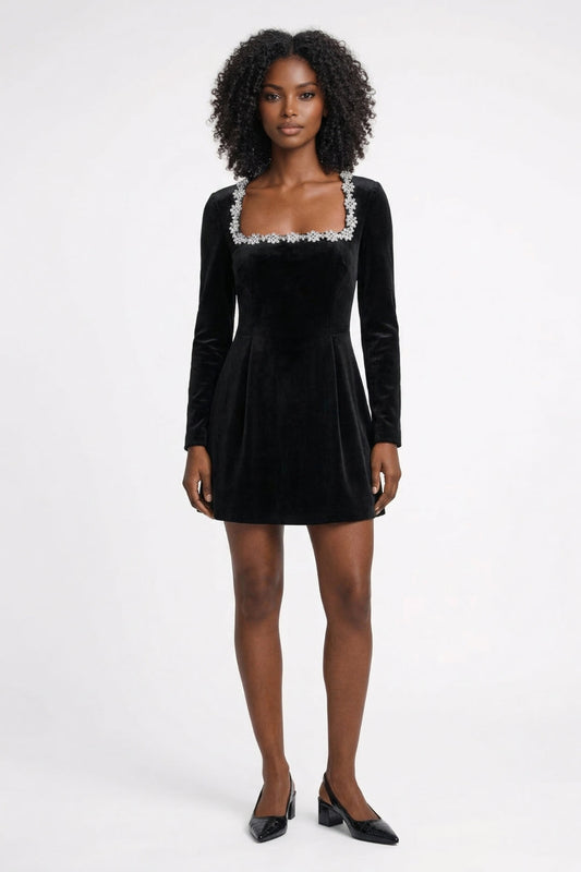 Robe Mini Femme - Manches Longues avec Bordure Cristaux | Soirée