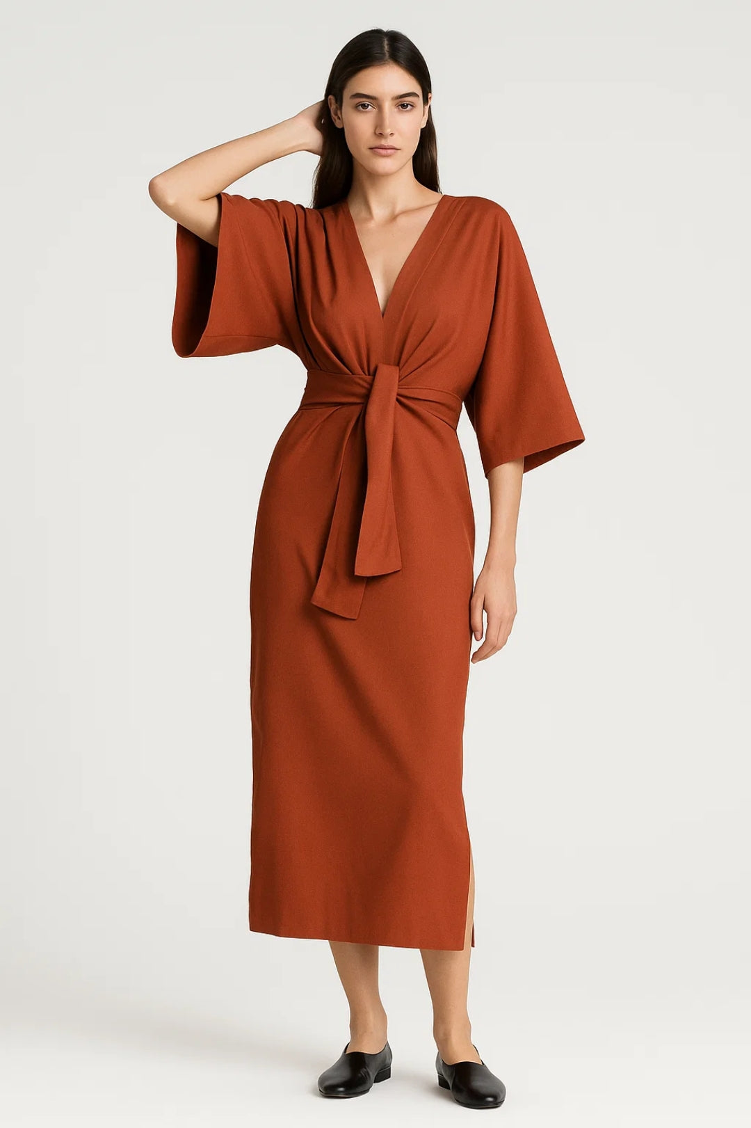 Robe Portefeuille Midi | Robe Élégante à Manches Kimono | Légère et Raffinée