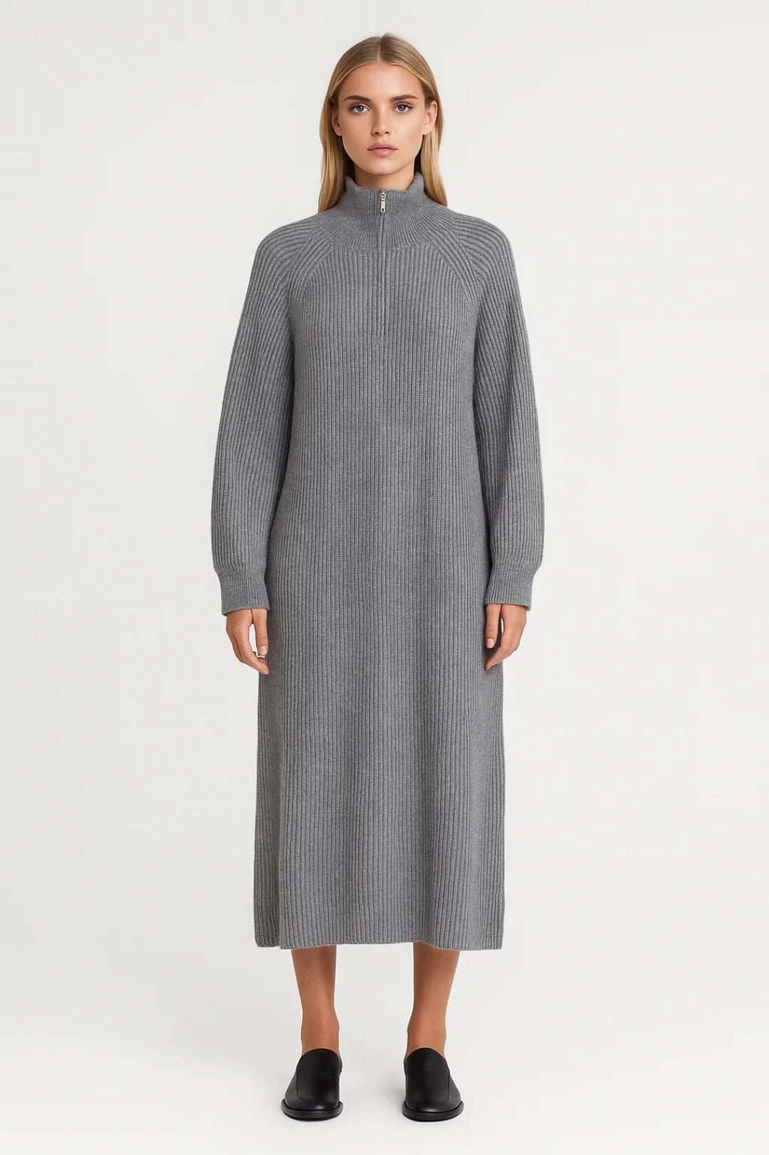 Robe Pull Longue Femme | Robe Col Zippé à Manches Longues | Légère et Respirante